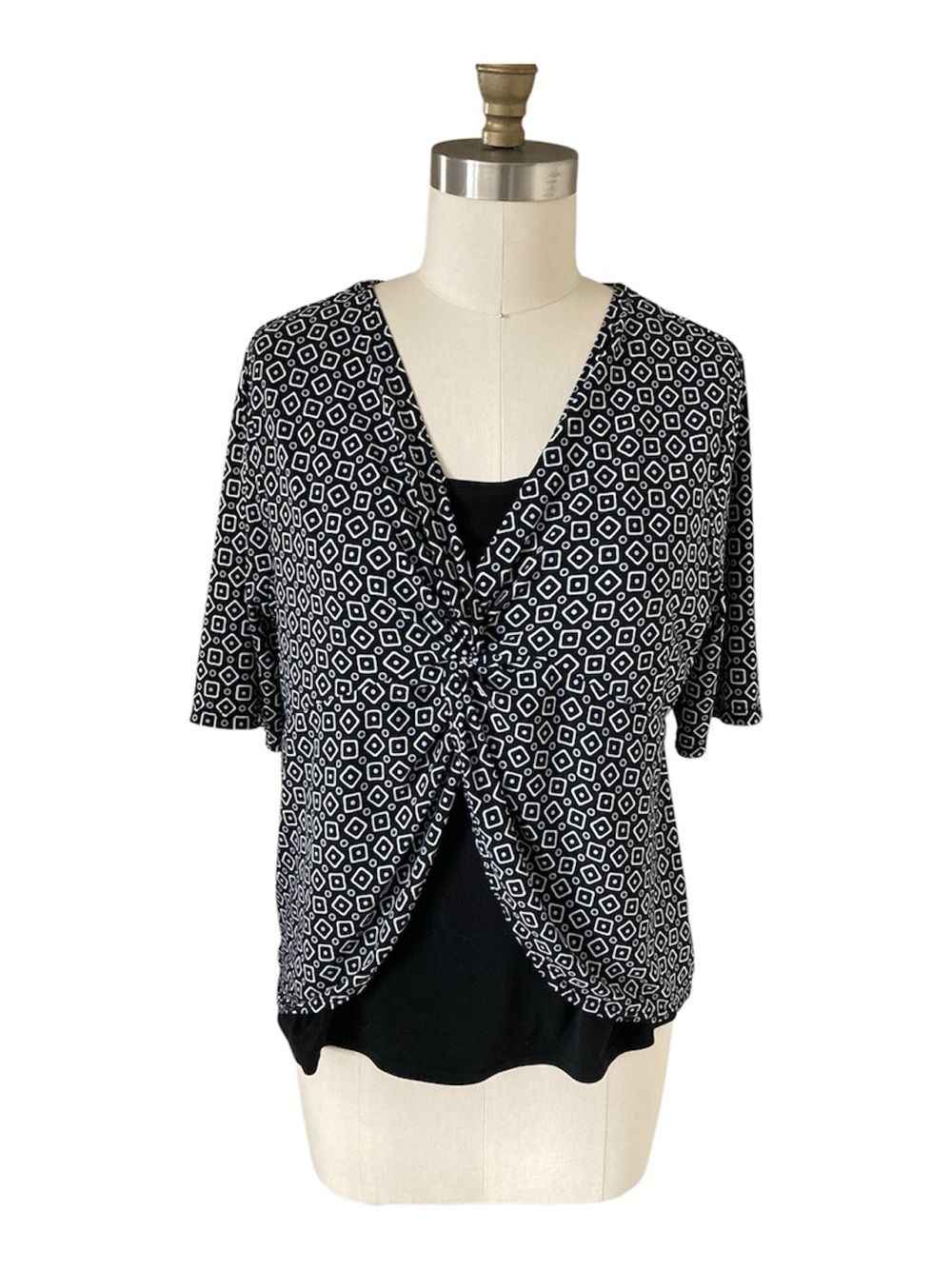 George Black & White Geometric Twist-Front Top